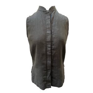 Coldwater Creek Linen Mandarin Collar Button Up Top Women's Petite Small Black